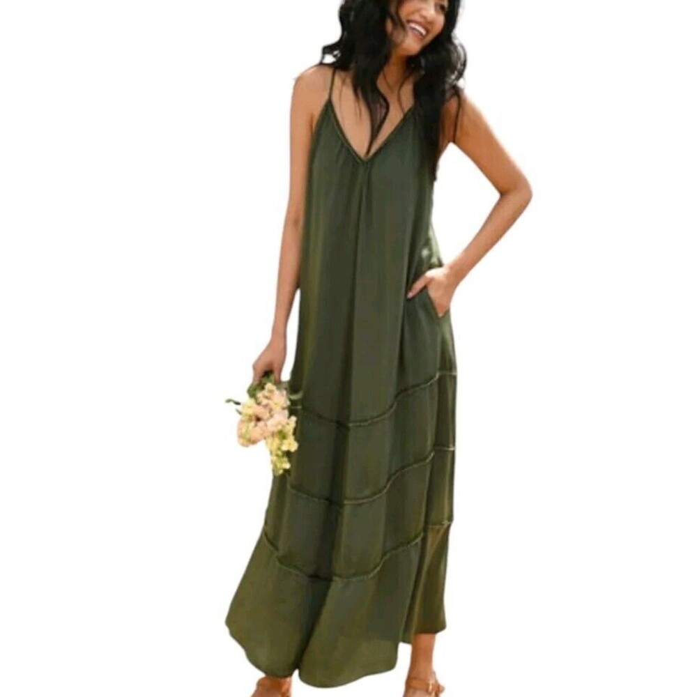 Rachel Hollis Beaded Maxi Dress Womens Large Peasant Oversized Beachy Boho Olive